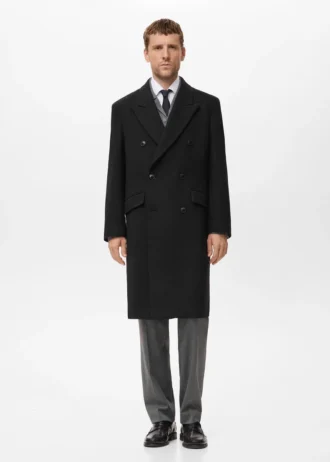 Długi dwurzędowy płaszcz wełniany