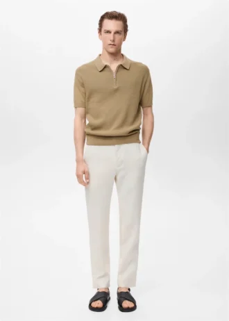 Dzianinowa koszulka polo z zamkiem błyskawicznym i koronkowymi akcentami