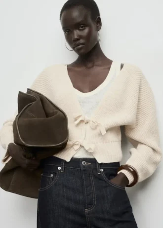 Kardigan z dekoltem w szpic i kokardkami Kardigan z dekoltem w szpic i kokardkami