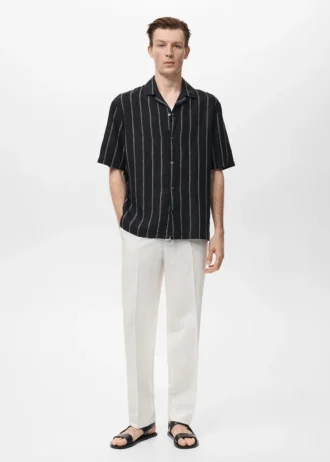Koszula w paski z krótkim rękawem, 100% len