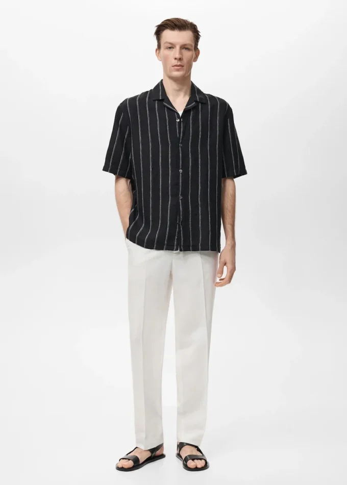 Koszula w paski z krótkim rękawem, 100% len Koszula w paski z krótkim rękawem, 100% len