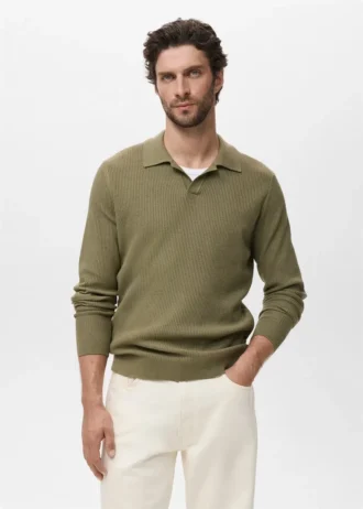 Sweter polo z prążkowanej mieszanki bawełny Sweter polo z prążkowanej mieszanki bawełny