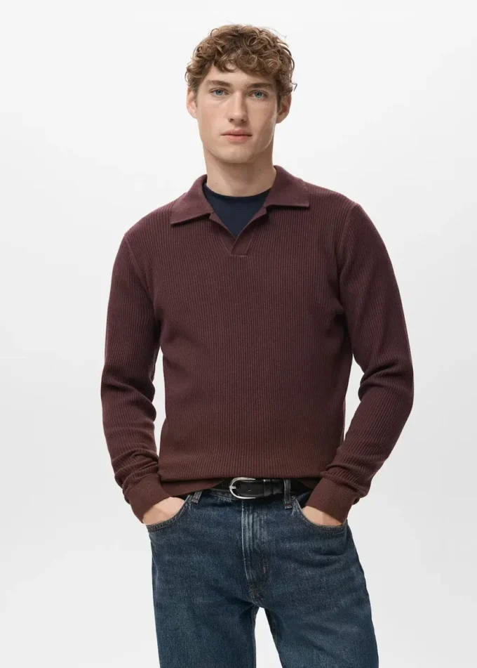 Sweter polo z prążkowanej mieszanki bawełny Sweter polo z prążkowanej mieszanki bawełny