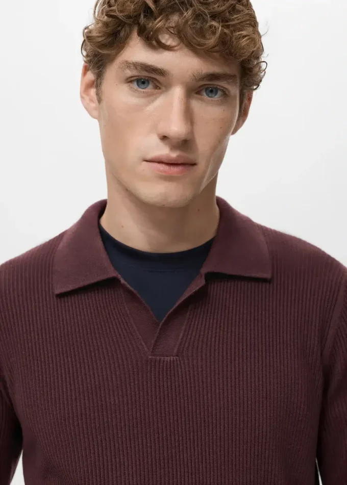 Sweter polo z prążkowanej mieszanki bawełny Sweter polo z prążkowanej mieszanki bawełny